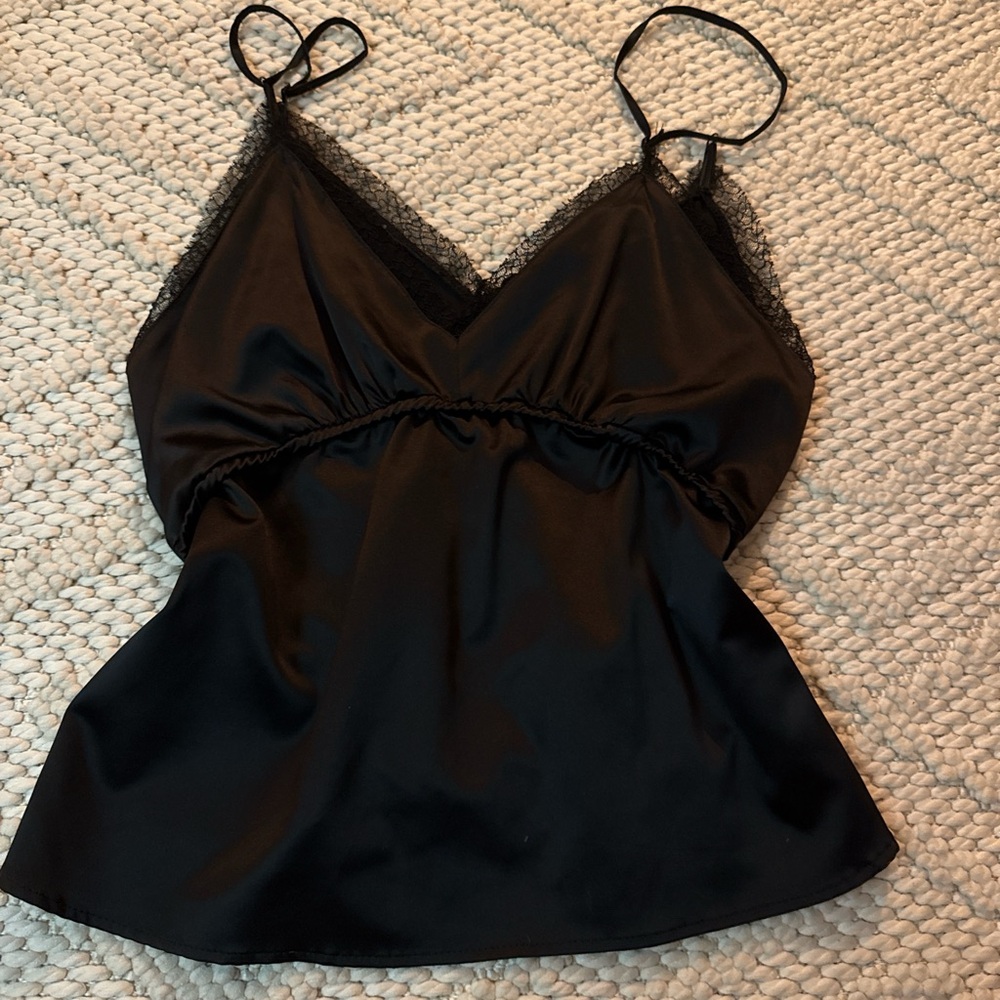 Black Satin Camisole with Lace Trim
